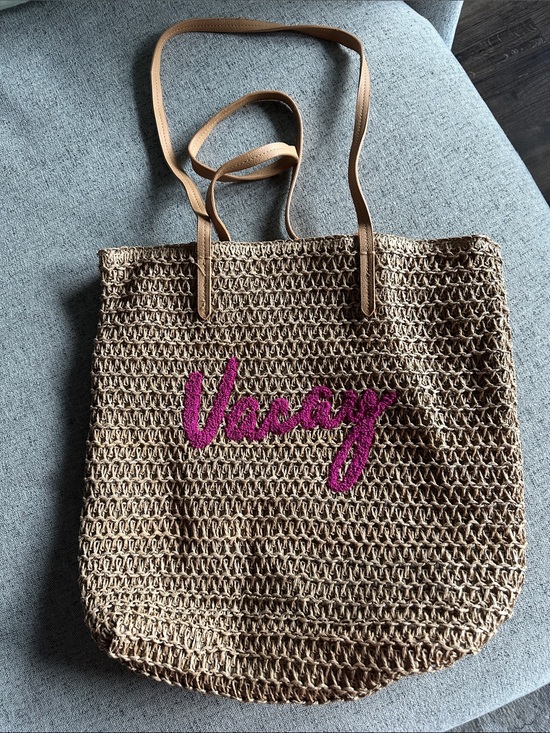 Handbags - Vacay Straw Tote Bag with Pink Script